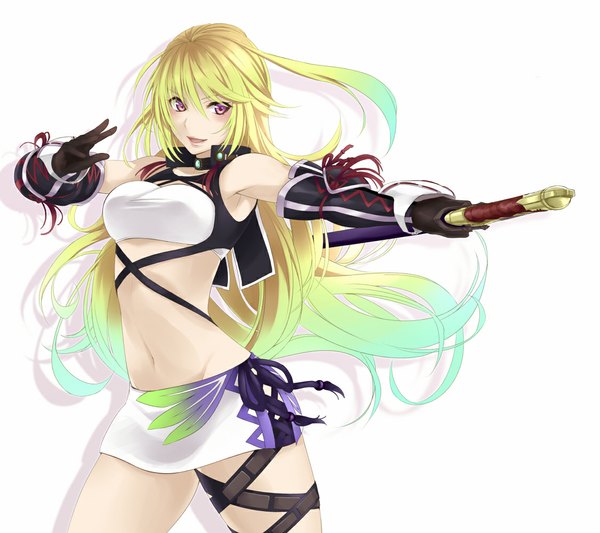 Anime picture 1124x1000 with tales of (series) tales of xillia milla maxwell nidoro long hair simple background blonde hair red eyes white background midriff lacing girl gloves navel weapon sword