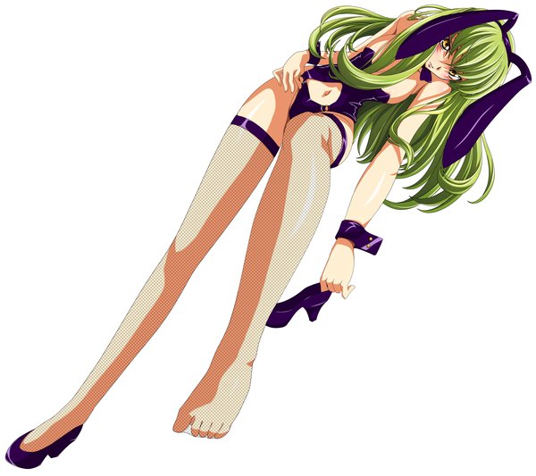 Anime picture 2700x2400 with code geass sunrise (studio) c.c. kimura takahiro single long hair looking at viewer blush fringe highres breasts light erotic large breasts white background bare shoulders animal ears yellow eyes green hair light smile leaning