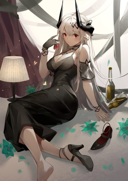 Anime picture 1860x2631 with arknights mudrock (arknights) mudrock (obsidian) (arknights) woodylixx single long hair tall image fringe highres breasts light erotic hair between eyes red eyes large breasts sitting cleavage silver hair horn (horns) pointy ears high heels