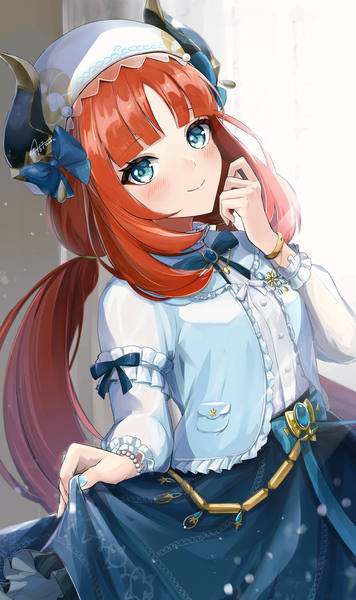Anime picture 1900x3200 with genshin impact nilou (genshin impact) nilou (samsung) (genshin impact) shironashiro p single long hair tall image looking at viewer blush fringe highres smile standing twintails signed red hair blunt bangs long sleeves nail polish head tilt