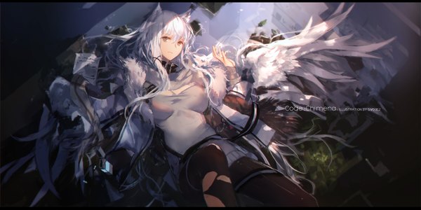 Anime picture 2126x1063 with original swd3e2 single long hair looking at viewer fringe highres breasts hair between eyes wide image brown eyes signed animal ears white hair from above text letterboxed white wings torn pantyhose girl