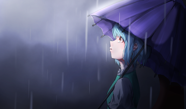 Anime picture 6000x3500 with touhou tatara kogasa cyo single fringe highres short hair open mouth hair between eyes red eyes wide image looking away absurdres sky cloud (clouds) upper body outdoors profile aqua hair rain