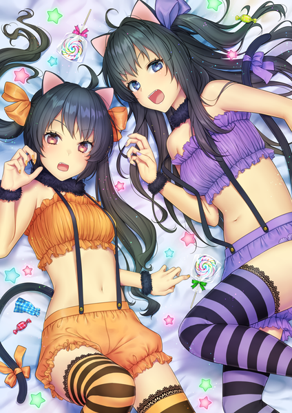 Anime picture 1000x1414 with original daidai jamu long hair tall image looking at viewer fringe breasts open mouth light erotic black hair hair between eyes twintails bare shoulders multiple girls animal ears ahoge tail lying nail polish animal tail