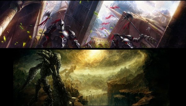 Anime picture 1500x862 with ys moonworker1 seung jin woo wide image sky landscape nature rock waterfall water armor building (buildings) monster spear