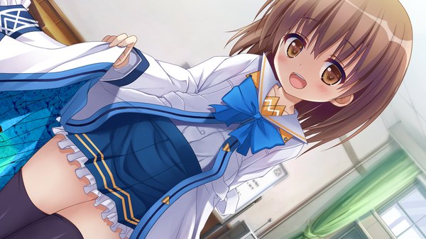 Anime picture 1024x576 with soshite kirameku otome to himitsu tagme (character) looking at viewer blush short hair open mouth brown hair wide image brown eyes game cg loli girl thighhighs uniform black thighhighs school uniform