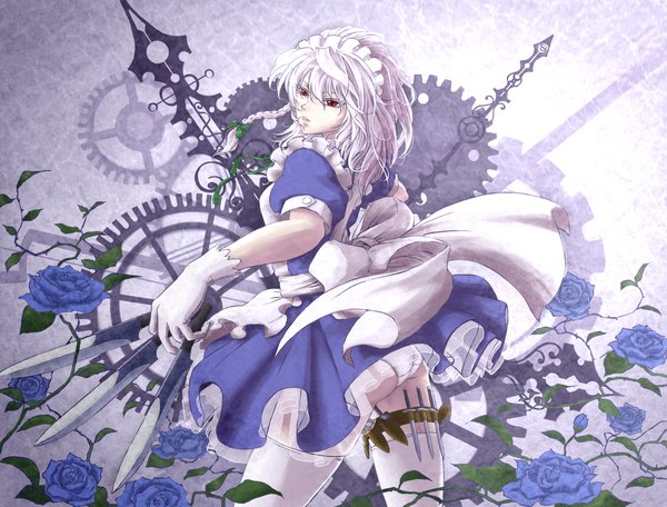 Anime picture 1500x1140 with touhou izayoi sakuya togisi masamune single short hair light erotic red eyes standing holding silver hair ass braid (braids) maid twin braids girl thighhighs gloves underwear panties flower (flowers)