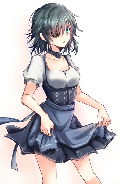 Anime picture 551x841 with kantai collection kiso light cruiser x na single tall image looking at viewer blush fringe short hair breasts black hair simple background standing white background holding green eyes parted lips multicolored hair gradient hair girl
