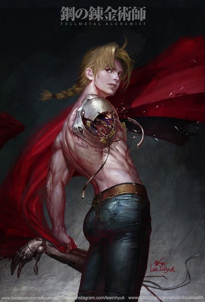 Anime picture 850x1252 with fullmetal alchemist studio bones edward elric in-hyuk lee single long hair tall image looking at viewer fringe blonde hair hair between eyes standing holding brown eyes signed ass braid (braids) parted lips realistic copyright name