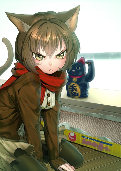 Anime picture 1061x1500 with koyuki no okotte nado inai! koyuki (character) koyoi mitsuki single tall image looking at viewer short hair brown hair animal ears yellow eyes tail animal tail cat ears cat girl cat tail girl scarf