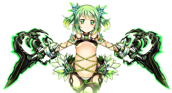 Anime picture 1200x650 with original p book single looking at viewer blush fringe short hair breasts light erotic wide image twintails holding green eyes green hair pointy ears short twintails spread arms transparent background dual wielding rendered