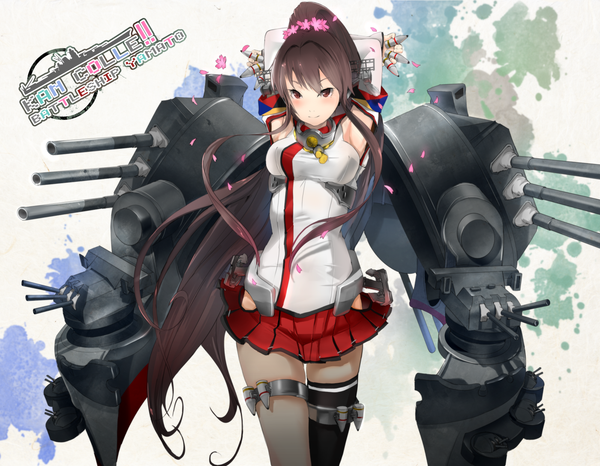 Anime picture 1600x1244 with kantai collection yamato super battleship sau single long hair looking at viewer fringe breasts smile red eyes brown hair standing ponytail pleated skirt hair flower arms behind head girl thighhighs skirt gloves