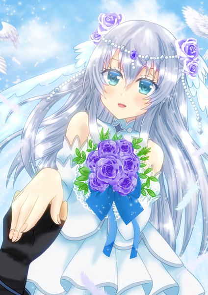 Anime picture 1240x1754 with seirei gensouki celia claire rio (seirei gensouki) asukamama89 long hair tall image looking at viewer blush fringe open mouth smile hair between eyes standing bare shoulders holding payot sky silver hair cloud (clouds) outdoors
