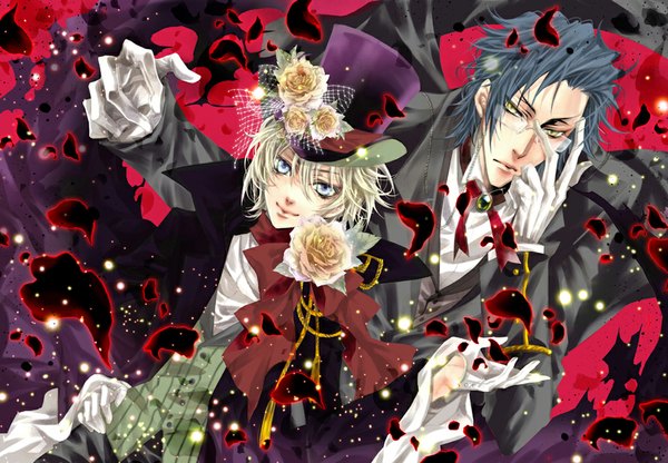 Anime picture 1024x710 with kuroshitsuji a-1 pictures alois trancy claude faustus hina short hair blue eyes blonde hair smile yellow eyes blue hair wind hand on hip animal eyes boy gloves flower (flowers) ribbon (ribbons) bow petals