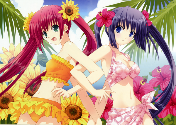 Anime picture 4904x3479 with original suzuhira hiro looking at viewer blush highres breasts open mouth blue eyes twintails multiple girls green eyes pink hair absurdres cleavage purple hair very long hair hair flower holding hands girl navel