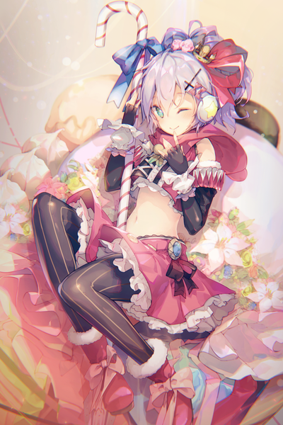 Anime picture 1080x1620 with azur lane javelin (azur lane) yatsuha (hachiyoh) single tall image looking at viewer blush fringe short hair smile hair between eyes sitting green eyes purple hair ponytail one eye closed fur trim lens flare finger to mouth frilly skirt