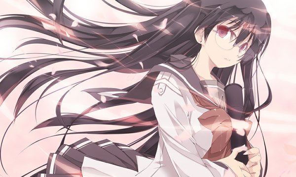 Anime picture 1000x600 with original satomi single long hair black hair hair between eyes red eyes wide image wind graduation girl petals glasses serafuku