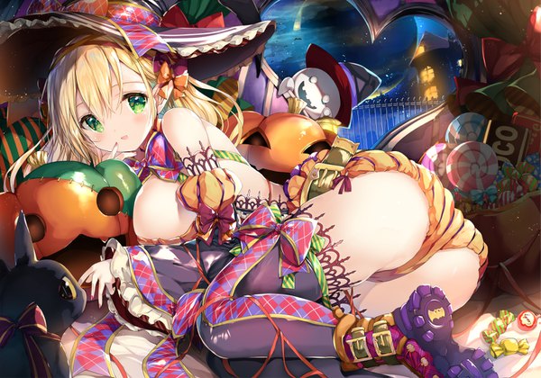 Anime picture 1426x1000 with original shimesaba kohada single long hair looking at viewer blush fringe breasts light erotic blonde hair hair between eyes large breasts green eyes ass soles halloween girl thighhighs bow hat