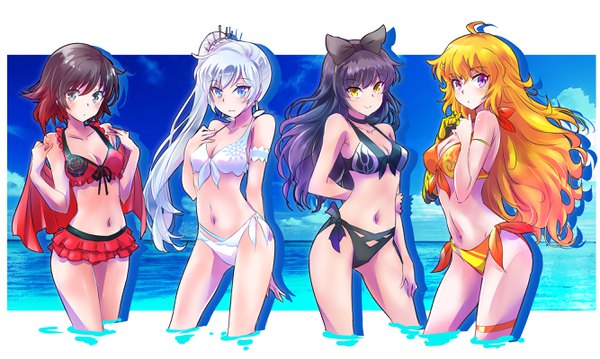 イラスト 2667x1600 と rwby rooster teeth ruby rose weiss schnee blake belladonna yang xiao long いえすぱ 長髪 カメラ目線 highres 短い髪 おっぱい 青い目 light erotic 黒髪 金髪 笑顔 茶色の髪 wide image 立つ