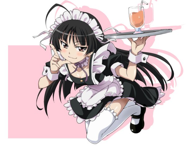 Anime picture 1200x950 with jewelpet sunshine mizushiro kanon rutarou single long hair black hair red eyes ahoge maid girl thighhighs black thighhighs headdress maid headdress apron wrist cuffs tray