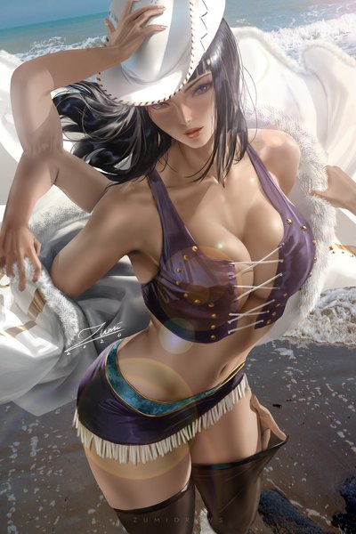 Anime picture 2339x3508 with one piece toei animation nico robin zumi (zumidraws) single long hair tall image looking at viewer fringe highres breasts blue eyes light erotic black hair large breasts standing bare shoulders signed sky cleavage