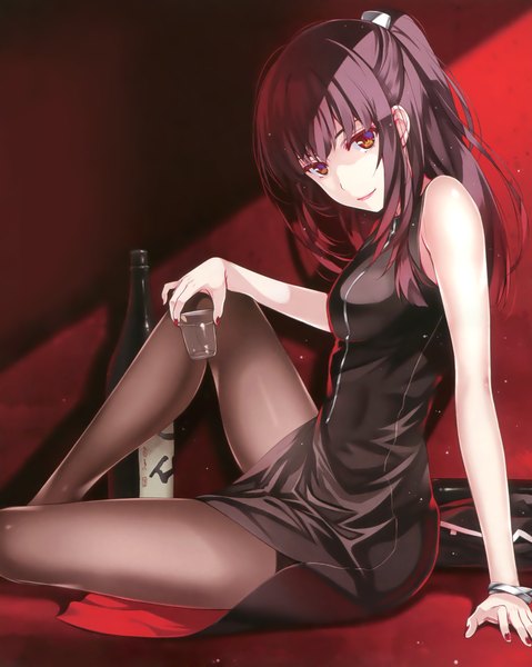 Anime picture 2800x3507 with saenai heroine no sodatekata a-1 pictures kosaka akane misaki kurehito single long hair tall image looking at viewer highres black hair red eyes light smile scan official art girl dress pantyhose black dress bottle alcohol