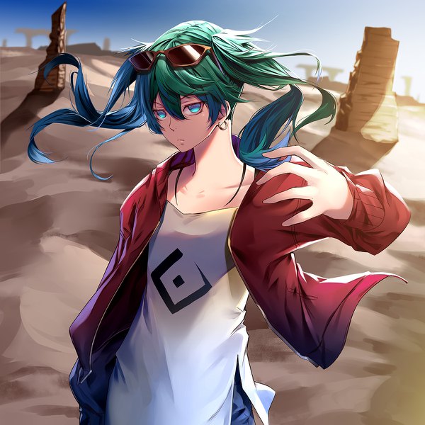 Anime picture 1200x1200 with vocaloid suna no wakusei (vocaloid) hatsune miku soya (torga) single long hair looking at viewer fringe hair between eyes twintails sky upper body aqua eyes green hair wind open jacket outstretched arm sunglasses on head desert girl