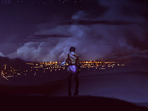 Anime picture 1600x1200 with original dctb single short hair black hair standing blue hair cloud (clouds) from behind night open clothes open jacket night sky city looking down cityscape city lights twisty sleeves panorama jacket