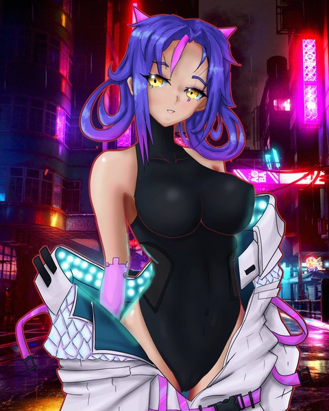 Anime picture 2158x2698 with original rainbow d fox single tall image looking at viewer fringe highres short hair breasts light erotic large breasts standing bare shoulders yellow eyes purple hair outdoors parted lips multicolored hair off shoulder night