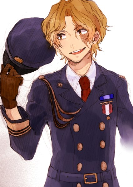 Anime picture 853x1200 with one piece toei animation sabo (one piece) mako1124 single tall image short hair open mouth simple background smile brown hair white background brown eyes looking away scar boy gloves uniform military uniform peaked cap