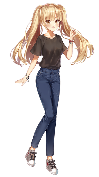 Anime picture 2240x4000 with original converse lium single long hair tall image looking at viewer blush fringe highres open mouth simple background blonde hair standing white background twintails yellow eyes full body blunt bangs short sleeves