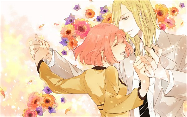 Anime picture 1193x744 with uta no prince-sama a-1 pictures nanami haruka (uta no prince-sama) camus long hair short hair blue eyes blonde hair wide image pink hair eyes closed profile couple hug holding hands face to face laughing girl dress boy
