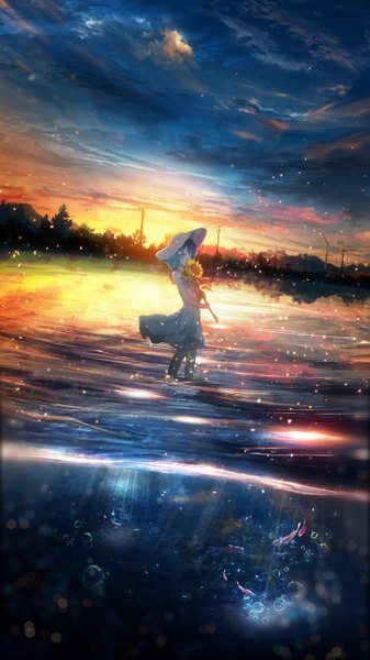 Anime picture 1440x2560 with original y y (ysk ygc) single tall image looking at viewer fringe short hair standing holding blue hair sky cloud (clouds) outdoors partially submerged silver eyes scenic sniffing girl dress flower (flowers)