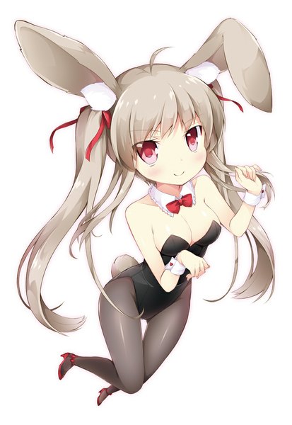Anime picture 700x1017 with original inumine aya single long hair tall image looking at viewer blush fringe breasts light erotic simple background smile red eyes white background twintails animal ears cleavage ahoge tail animal tail
