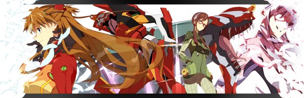 Anime picture 3391x1100 with neon genesis evangelion rebuild of evangelion evangelion: 2.0 you can (not) advance gainax soryu asuka langley makinami mari illustrious long hair highres blue eyes wide image absurdres profile orange hair girl feather (feathers) bodysuit pilot suit mecha