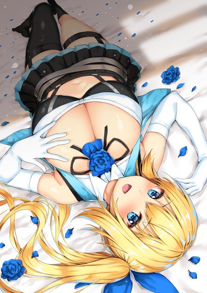 Anime picture 752x1062 with virtual youtuber mirai akari project mirai akari body mahattaya ginga single long hair tall image looking at viewer blush breasts open mouth blue eyes light erotic blonde hair cleavage lying on back huge breasts side ponytail hand on chest