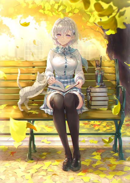 Anime picture 2410x3400 with original tel-o single tall image blush fringe highres short hair smile hair between eyes signed silver hair full body outdoors braid (braids) long sleeves pink eyes sunlight dated looking down