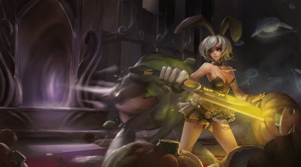 Anime picture 1200x669 with league of legends riven (league of legends) zac (league of legends) foliage (artist) short hair breasts light erotic wide image bare shoulders animal ears looking away grey hair orange eyes bunny ears girl skirt gloves weapon miniskirt sword