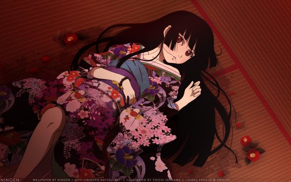 Anime picture 1680x1050 with hell girl studio deen enma ai ningen (nattoli) single long hair looking at viewer fringe highres black hair red eyes wide image lying blunt bangs traditional clothes japanese clothes from above on back wallpaper floral print