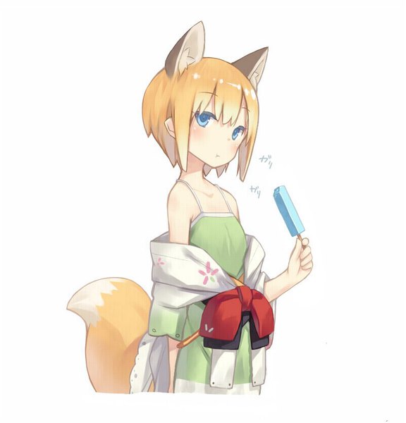 Anime picture 800x832 with original shiratama kitsune poco (asahi age) single tall image looking at viewer blush fringe short hair blue eyes blonde hair simple background white background bare shoulders holding animal ears upper body tail traditional clothes japanese clothes