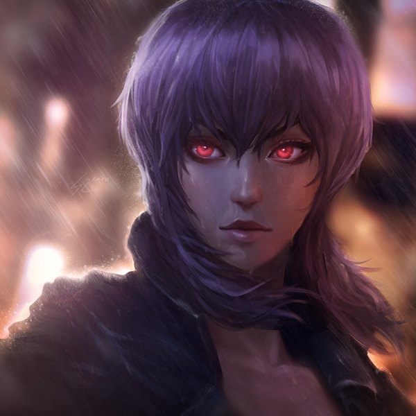 Anime picture 800x800 with ghost in the shell production i.g kusanagi motoko raikoart single long hair fringe hair between eyes red eyes looking away purple hair upper body outdoors wind lips blurry realistic wet depth of field glowing