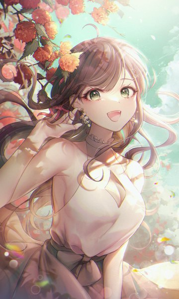 Anime picture 1000x1667 with virtual youtuber tsunderia miori celesta ozzingo single long hair tall image looking at viewer fringe breasts open mouth smile brown hair standing bare shoulders green eyes sky cleavage cloud (clouds) ahoge