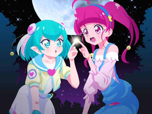 Anime picture 1280x960 with precure star twinkle precure toei animation e.t. hagoromo lala hoshina hikaru sabo10 long hair blush fringe short hair open mouth hair between eyes twintails multiple girls pink hair ahoge outdoors blunt bangs :d