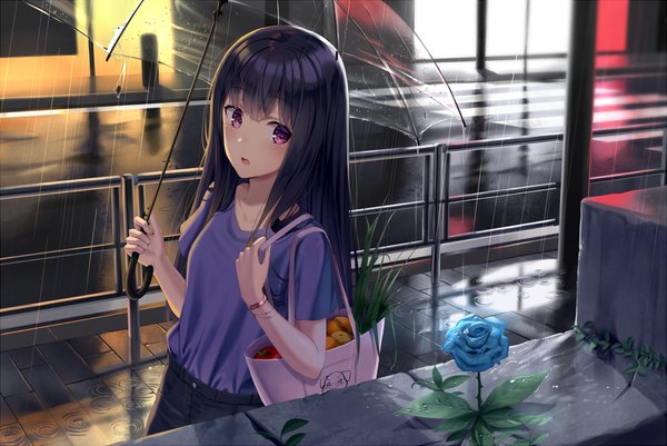 Anime picture 1046x700 with original superpig (wlstjqdla) single long hair blush fringe open mouth black hair standing purple eyes holding looking away outdoors blunt bangs night rain street transparent umbrella girl flower (flowers)