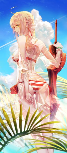 Anime picture 3071x7000 with fate (series) fate/grand order nero claudius (fate) (all) nero claudius (swimsuit caster) (fate) seol single long hair tall image looking at viewer fringe highres light erotic blonde hair standing green eyes absurdres sky cloud (clouds) ahoge ass