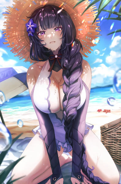 Anime picture 1440x2188 with genshin impact raiden shogun gum joo single tall image looking at viewer blush breasts light erotic large breasts sitting purple eyes sky purple hair cloud (clouds) full body bent knee (knees) outdoors braid (braids) very long hair