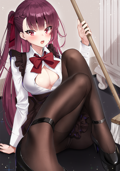 Anime picture 1338x1900 with girls frontline wa2000 (girls frontline) ango single long hair tall image looking at viewer blush fringe breasts open mouth light erotic red eyes large breasts sitting holding cleavage purple hair bent knee (knees) indoors
