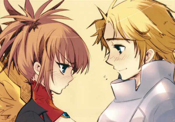 Anime picture 1600x1125 with original itou noiji blush short hair blue eyes blonde hair brown hair ponytail profile face to face yellow background orange background girl boy wings armor