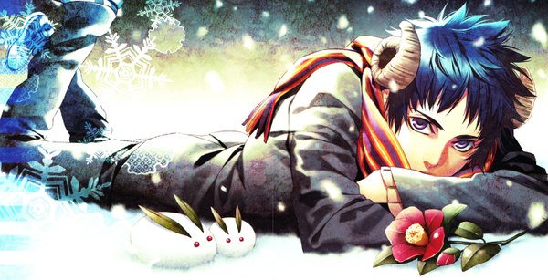 Anime picture 3000x1539 with yone kazuki single looking at viewer highres short hair wide image purple eyes blue hair lying horn (horns) snowing winter snow on stomach boy flower (flowers) scarf snowflake (snowflakes) winter clothes snow rabbit