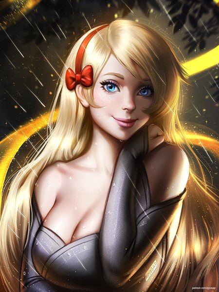 Anime picture 750x1000 with original ayyasap single long hair tall image looking at viewer breasts blue eyes light erotic blonde hair smile large breasts bare shoulders signed lips realistic lipstick watermark rain pink lipstick