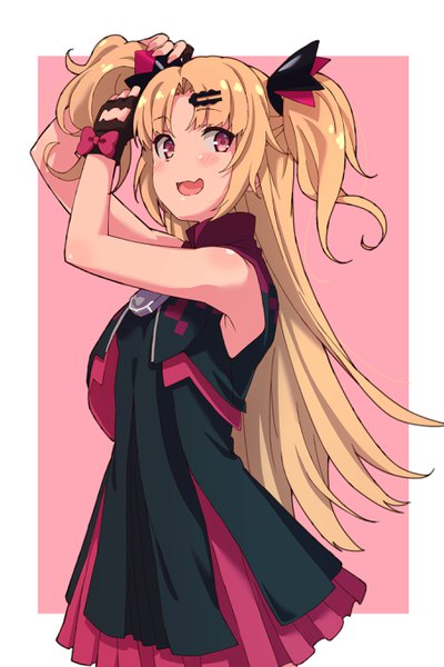 Anime picture 1811x2716 with virtual youtuber uni channel akatsuki uni karahai (31448823) single long hair tall image blush highres open mouth simple background blonde hair :d pink eyes two side up adjusting hair pink background tying hair girl gloves